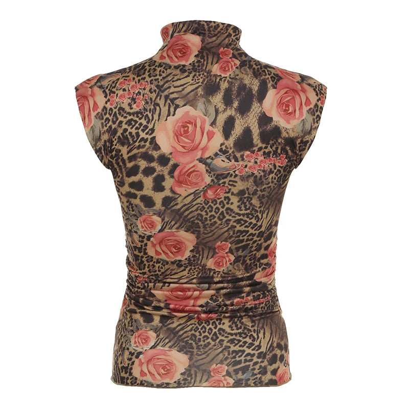 Hnewly Vintage Floral Print Crop Top Women Retro Sleeveless Turtleneck Skinny Tank Tops Harajuku y2k Tee Summer Casual Lady Vest