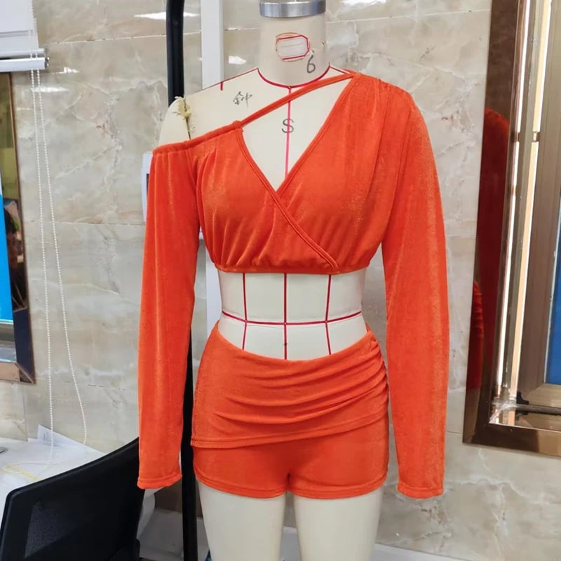 Hnewly  Summer 2Pieces Corduroy Outfits Set Skew Collar Long Sleeve Wrap Cropped Tops with Fold Over Ruched Waist Slim Shorts