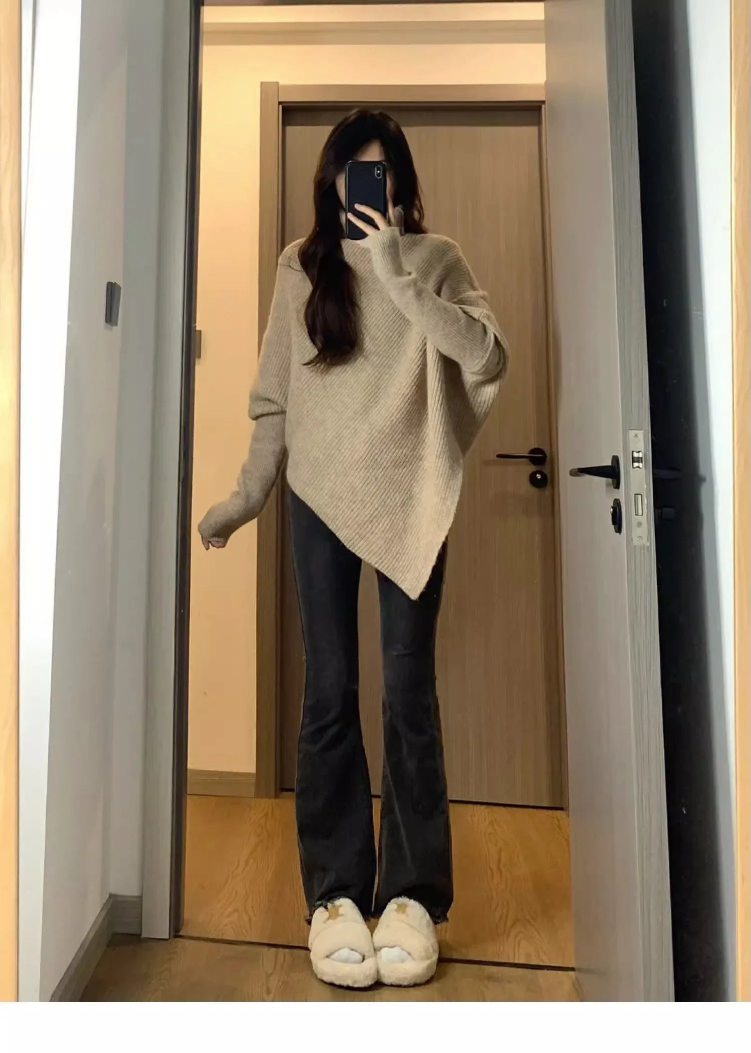 Hnewly  High Neck Irregular Sweater Women's Autumn Winter Korean Version Loose Soft Knitted Top Elegant Long Sleeved Pullover