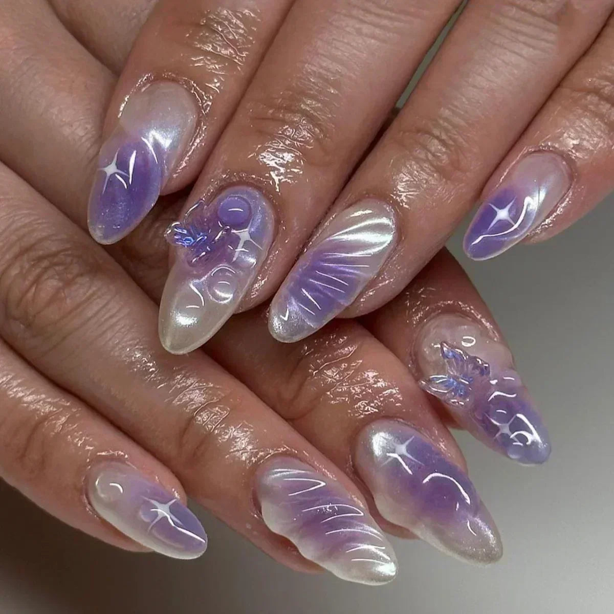Hnewly 24Pcs White Almond False Nails Ballet with French Design Wearable Fake Nails Gradient Simple Full Cover Press on Nail Tips Art