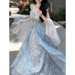 Hnewly  Elegant Girl's Long Dress Butterfly Gold Stamping Sparkle Strap Party Dress Women Sweet Beach Vacation Fairycore Dress