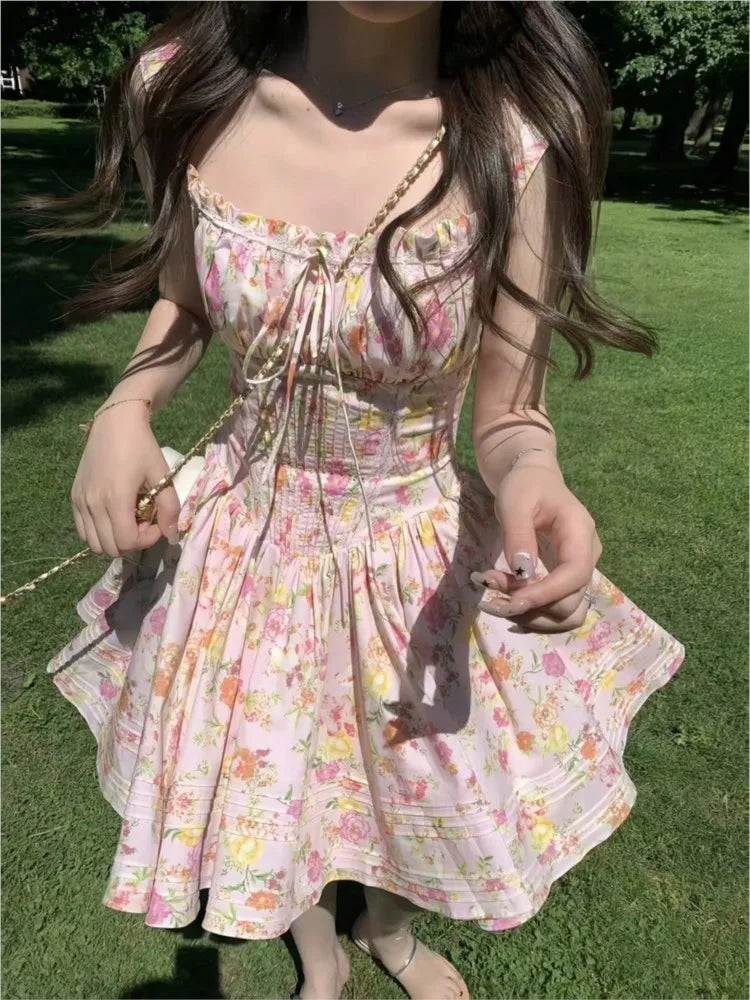 Hnewly Women's Elegant Dresses French Print Summer New 2025 Casual Slim Waist A-Line Square-Collar Pleated Spaghetti Strap Vestidos