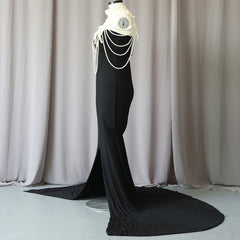 Hnewly  Elegant Maternity Dresses For Photoshoot Stretch Black Maxi Long Dress And Pearl Shawl Set Women’s Robe Photography Body Chain