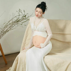 Hnewly  Maternity Photo Shoot Dresses for Studio White Minimalist Style Indoor Portrait Gowns for Pregnant Women Photography Outfits