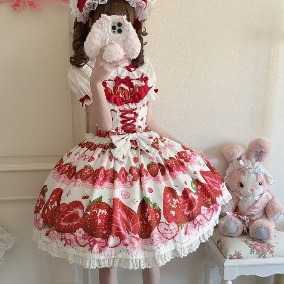 Hnewly  Original Design Sweet Lolita JSK Dress Women Summer Cute Bow Strawberry Print Princess Strap Dresses