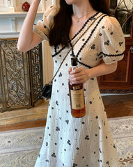 Hnewly DRESS TO IMPRESS Lace Floral Fairy Dress Women Elegant Patchwork Casual Vintage Midi Dress Summer Korean Fashion Party Dresses for Weddings