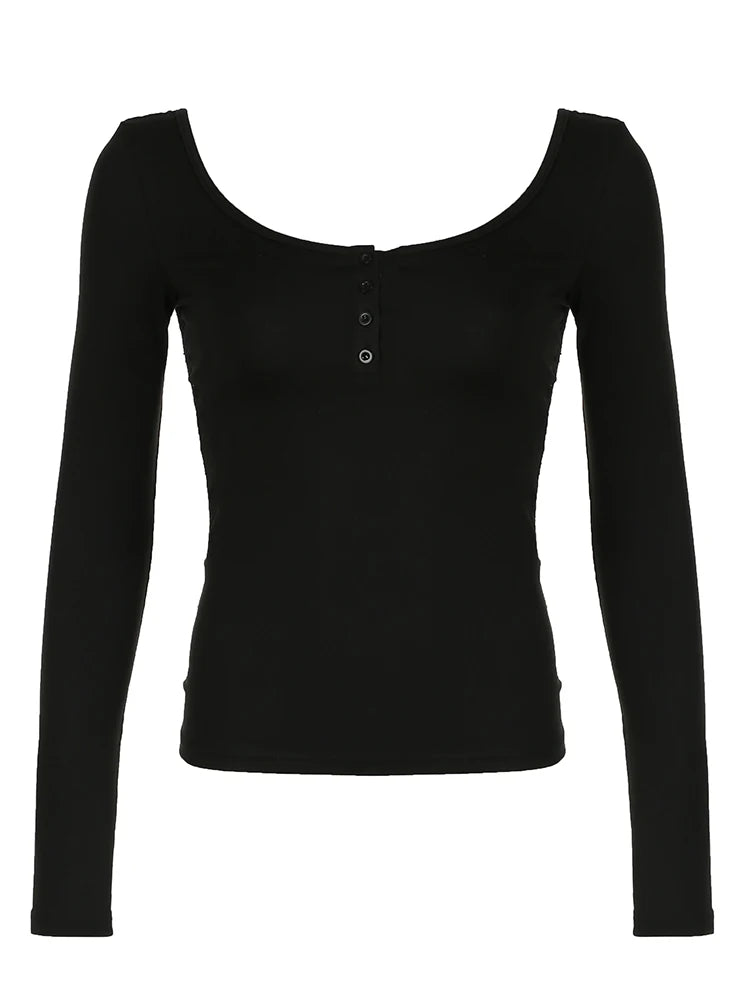 Hnewly rave inspo outfits Back See Through Lace Patchwork Elegant Sexy Black T Shirt Women Button Up O Neck Slim Long Sleeve Solid Basic Tees