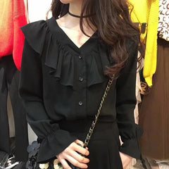 Hnewly Shirts Women Solid Ulzzang Loose Temperament Ruffles Long-Sleeve Top Fashion Streetwear New Office Lady Korean Style All-match