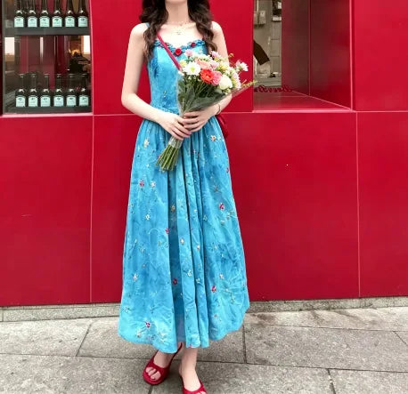 Hnewly  Blue Floral Print Halter Dress Women's Summer New Unique Beautiful Waist-Cinched Long Dress Vacation Style Elegant