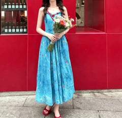 Hnewly  Blue Floral Print Halter Dress Women's Summer New Unique Beautiful Waist-Cinched Long Dress Vacation Style Elegant