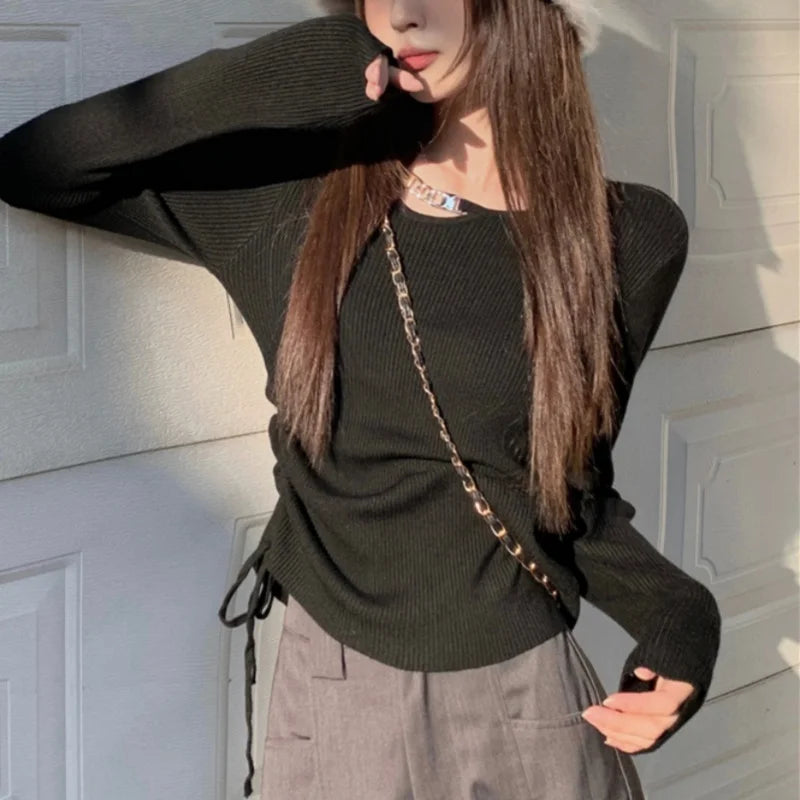 Hnewly y2k Aesthetic Tops Women Clothes Solid Color Metal Chain Decor Round Neck Long Sleeve Knitted T Shirts 2000s Streetwear