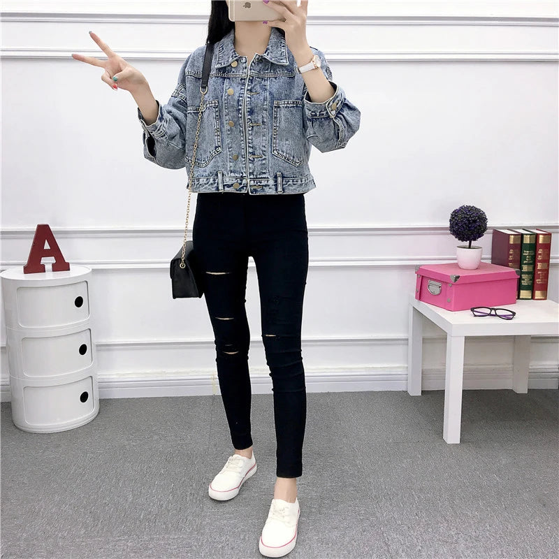 Hnewly Jean Jacket for Women Spring Autumn New Korean Bat Sleeved Short Top Loose BF Style Student Fashion Turn-down Collar Denim Coat