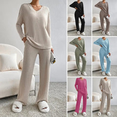 Hnewly  Women's Straight Leg Pants Set Knitted Long Sve Casual Sle Autumn Collection Pure Color Two-Piece Suit Workwear orm