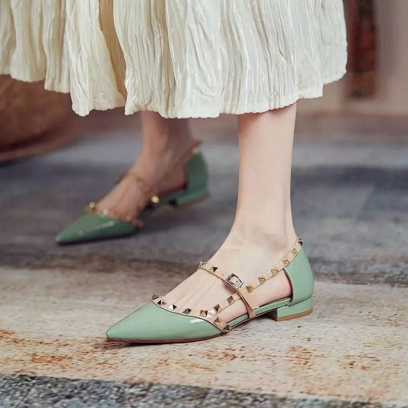 Hnewly Ankle Strap Cut Out D'orsy Studded Rockstud Patent Leather Rivet Flats T-Strap Buckle Walking Soft Women Shoes Travel Size 35-43