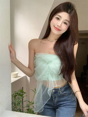 Hnewly Women Gauze Sweet Girl Strapless Korean Style New Crop Tops Ins Summer Slim Fashion Sexy Hot Lady Fit Club Wear Aesthetics