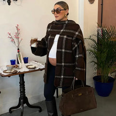Hnewly  Elegant Women's Knit Contrast Plaid Cardigans Loose Scarf Collar Long Sleeve Female Sweater Autumn Lady Chic Warm Knitwear