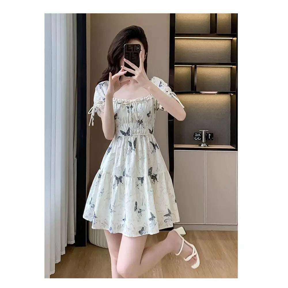 Hnewly  French Sweet Lace-up Square Neck Short-sleeved Women's Summer New Waist-hugging Slim Dress