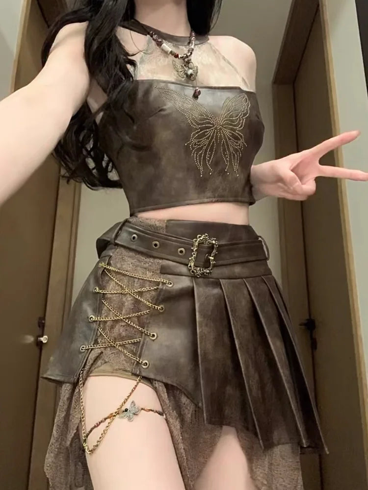 Hnewly Retro Fashion Spicy Girl Style Leather Halter TopTank Top Irregular Slimming Short Skirt Set Summer Two Piece Set Women Outfits