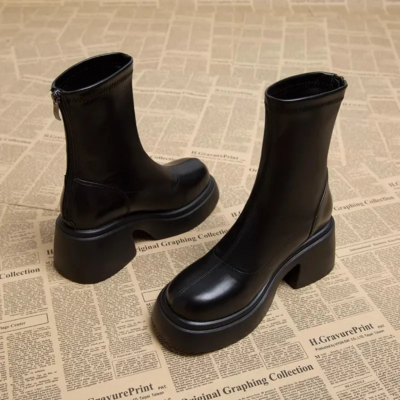 Hnewly Black Platform Women Ankle Boots Fashion Soft Leather Shoes Autumn Winter Thick Heel Women's Short Booties