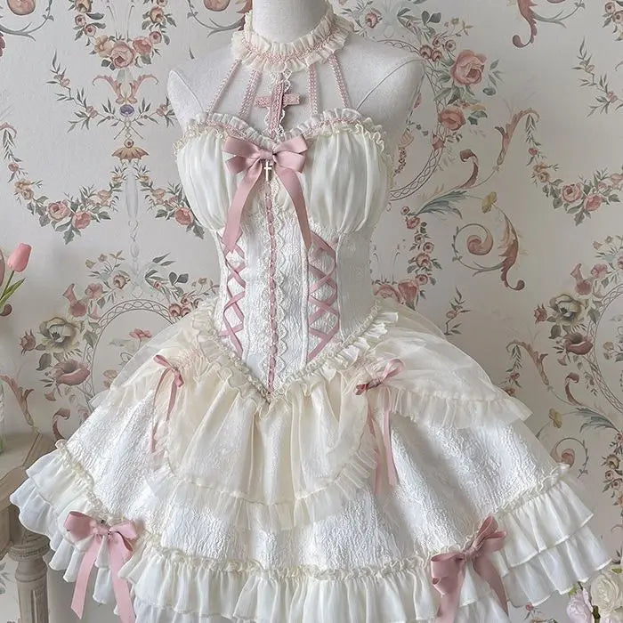 Hnewly  Gothic Lolita Suspender Dress Women Sweet Cool Bow Cross Slim Lace Halter Neck JSK Dresses