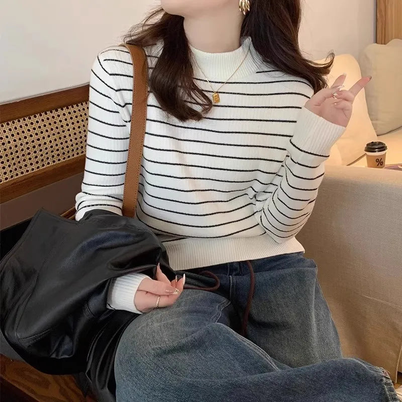 Hnewly  Half High Collar Striped Sweater Velvet Bottoming Shirts for Women's Autumn Winter Thicked Warm Pullover Slim Knitting Top