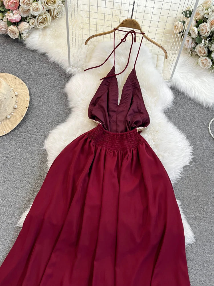 Hnewly  Temperament Hanging Neck Dress Elegant Hollow Out Backless Slit A-line Large Hem Dress Women's Beach Vacation Long Dress