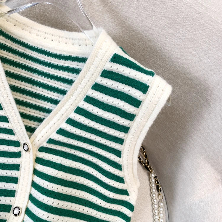 Hnewly  Spring V-Neck Striped Knitted Vest Korean Hollow Out Sleeveless Top Women's 2023 Autumn Loose All-Matched Outwear Cardigan Tank