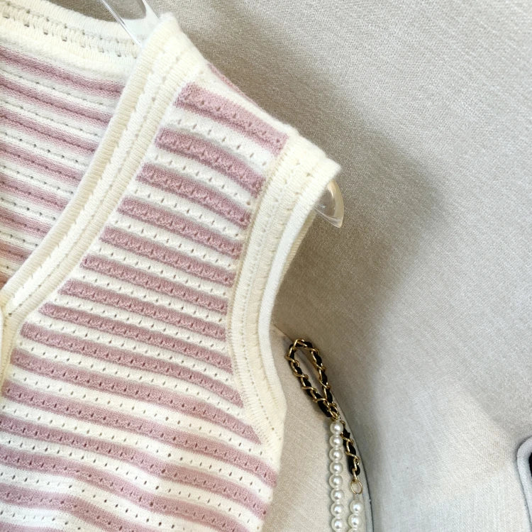 Hnewly  Spring V-Neck Striped Knitted Vest Korean Hollow Out Sleeveless Top Women's 2023 Autumn Loose All-Matched Outwear Cardigan Tank