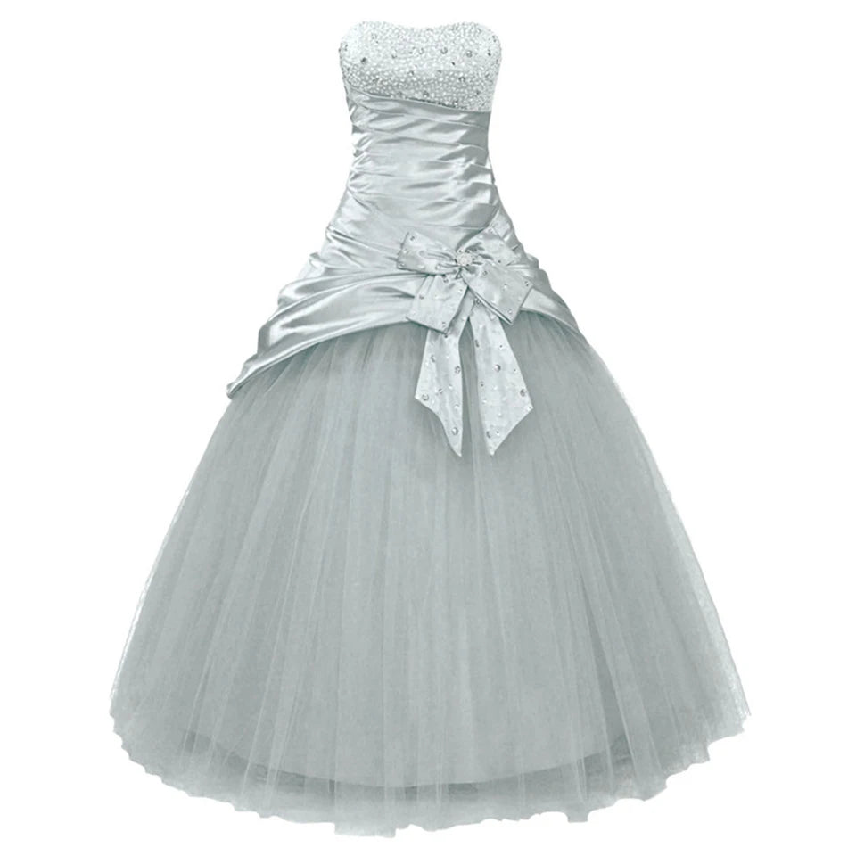 Hnewly  Elegant Strapless Beading Crystal Bow Tulle Satin Ball Gown Evening Dress Sweep Train Floor Length Prom Dress Party Gowns