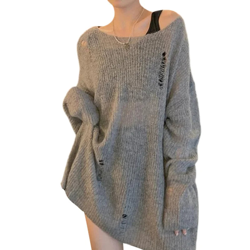 Hnewly Gothic Sweater y2k Clothes Women Solid Color Round Neck Long Sleeve Ripped Knitted Top 2000s Grunge Clothing Streetwear