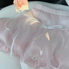 Hnewly  Fairycore Sweet Mini Skirt Women Pink Y2k Coquette Elegant Bow Short Skirts Kawaii Lace Patchwork Puffy Ruffle Skirts