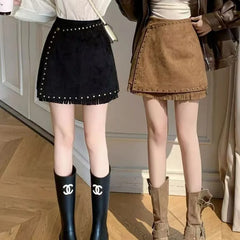 Hnewly  Autumn and Winter Slimming Features Heavy Rivets Deerskin Velvet Tassels Retro New Style High-end Feel High-waisted Brown Skirt