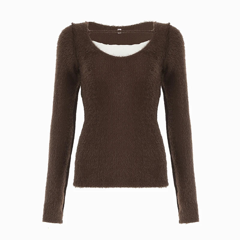 Hnewly Patchwork Fake Two-piece T-shirt Autumn Winter Furry Stitching Full Sleeve Elastic Knitwears Korean Style T Shirts Casual