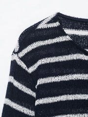 Hnewly  Women's Navy White Striped Knit Top, 4-Button Placket Round Neck Long Sleeve Sweater, Casual Rolled Hem Crew Neck Blouse