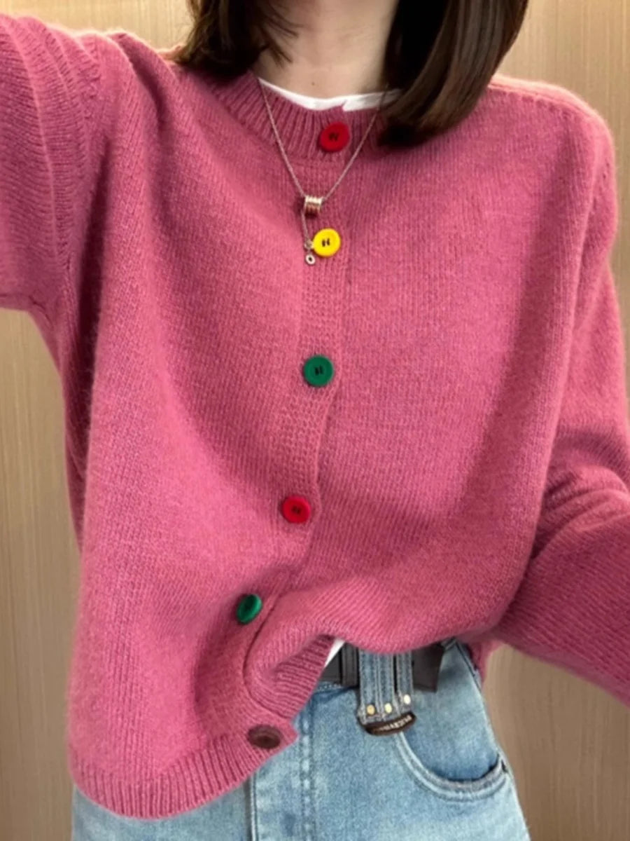 Hnewly  Rainbow Single Breasted Sweater O-neck Knitted Cardigan Korean Sweet Spring  Autumn New Lazy Style Long Sleeve Pink coat
