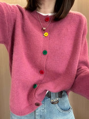 Hnewly  Rainbow Single Breasted Sweater O-neck Knitted Cardigan Korean Sweet Spring  Autumn New Lazy Style Long Sleeve Pink coat