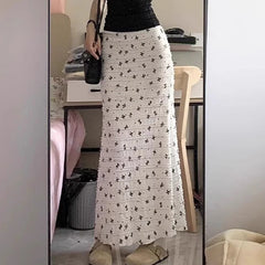Hnewly  Bow Print Lace Patchwork Mermaid Skirt Women Elegant Summer Elastic Waist Midi Skirts Lady Vacation Beige Long Skirt Female