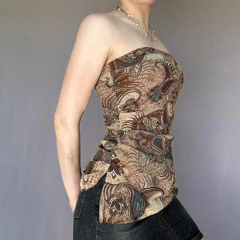 Hnewly Vintage Floral Print Tube Top with Slit Elegant Retro Skinny Crop Tops for Summer Holiday Women Casual Harajuku Mini Vest