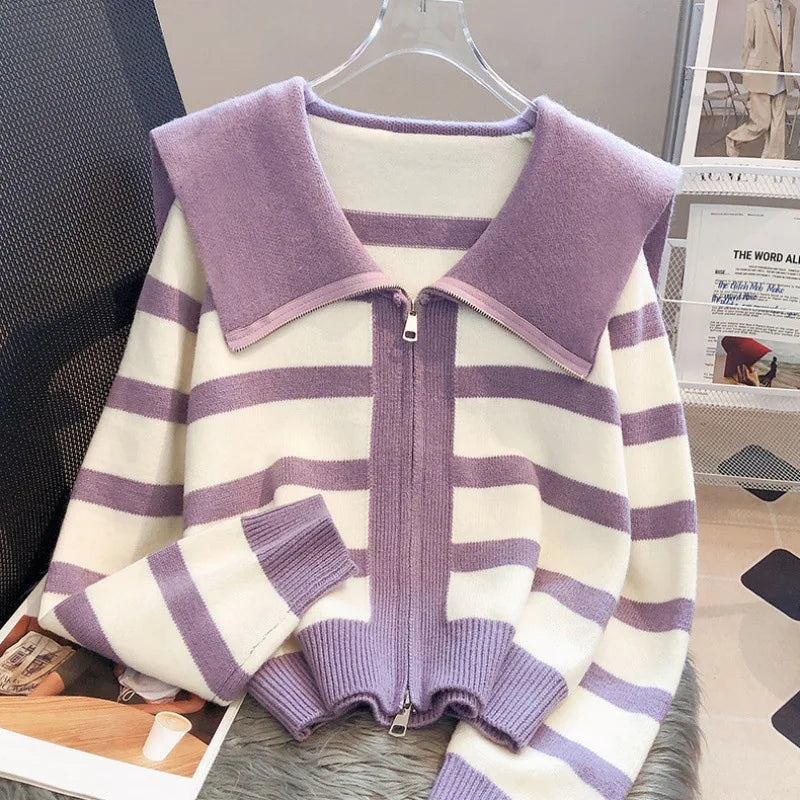Hnewly  Women's Knitted Stripe Sweater Sweet Preppy Style Peter Pan Collar Cardigan Top Spring Autumn 2023 New Zipper Fashion Outwear