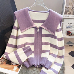 Hnewly  Women's Knitted Stripe Sweater Sweet Preppy Style Peter Pan Collar Cardigan Top Spring Autumn 2023 New Zipper Fashion Outwear