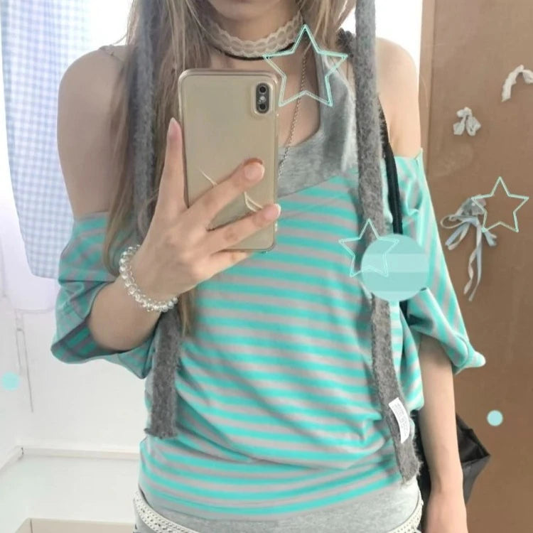 Hnewly  Summer Fake Two Pieces Patchwork Casual T-shirt Y2k Aesthetic Stripe Slash Neck Sexy Vintage Tshirts Harajuku Loose Grunge Tops