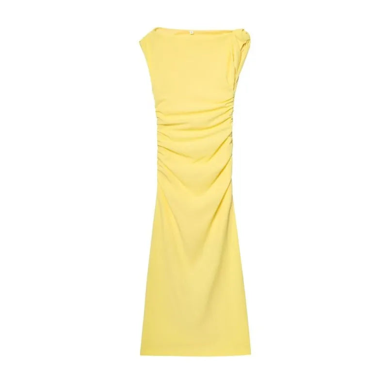 Hnewly   Slim Fit Slit Asymmetric Long Dress Fashion Slanted Shoulder Party Dress 2025 New Elegant Chic Yellow Tight Vestidos