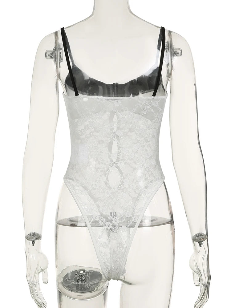 Hnewly Sexy Hollow Out Patchwork Lace Bodysuits Slim Skinny Slash Neck Sleeveless Rompers Women 2024 Summer Fashion Streetwear