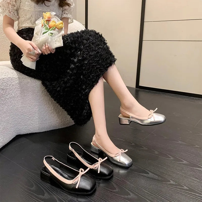 Hnewly Summer Women's Flats Sliver Boat Shoes Square Toe Slip on Flat Shoes for Woman Ballet Flats Comfortable Bow Women's Sandals