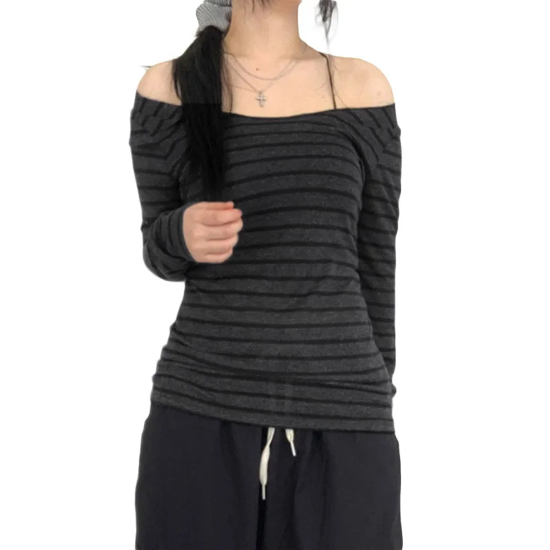 Hnewly Grunge Top y2k Clothes Women Cybercore Striped Off Shoulder Long Sleeve T Shirt 2000s Gothic Clothing Fall Streetwear