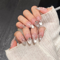 Hnewly 10Pcs Reuse Finished Fake Nails with Butterfly Deisgn Pink Cat's Eye French Handmade Press on False Nails Wearable Nail Art Tips