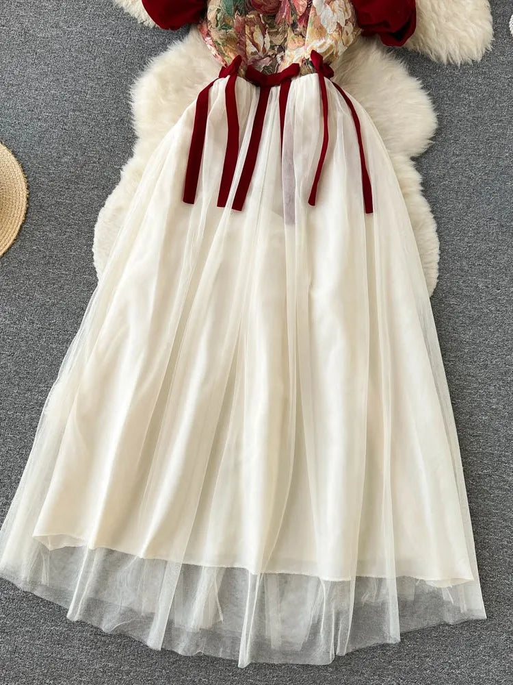 Hnewly France Vintage Bow Mesh Wedding Runway Party Dresses Women Summer Fashion Elegant Strap Graduation Evening Vestidos Ladies Robe