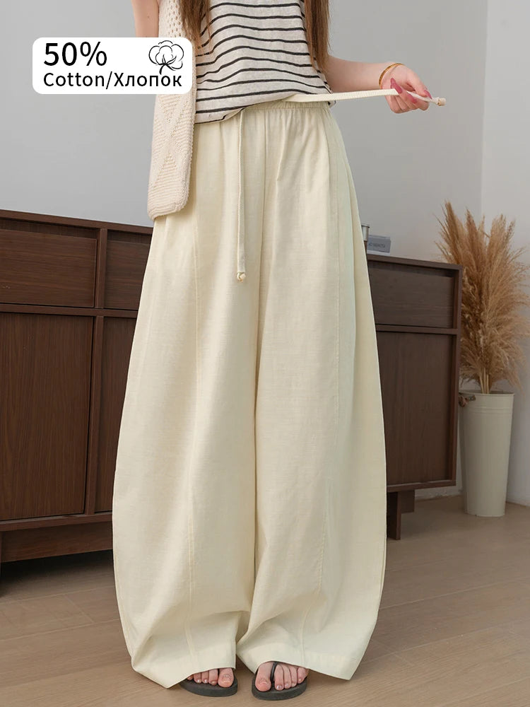 Hnewly  New Summer Cotton Linen Style Bloomers Wide Leg Pants, Elegant Retro Style Relaxed Straight-Leg Long Pants, Home Lazy Style
