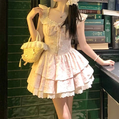 Hnewly  French Style Women's Dress Flying Sleeve Summer Patchwork Lace Short Dress Princess Ball Gown Girl Party Dress
