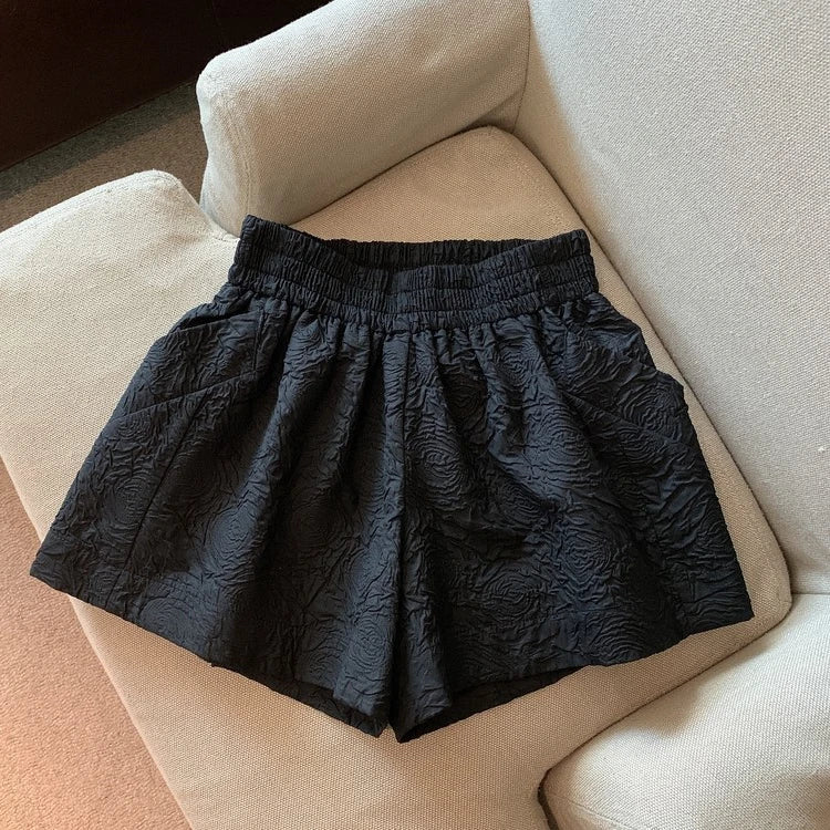 Hnewly  Black White Jacquard Shorts Women 2025 Summer Elastic High Waist Pockets Wide Leg Shorts Woman Loose Streetwear Half Pants